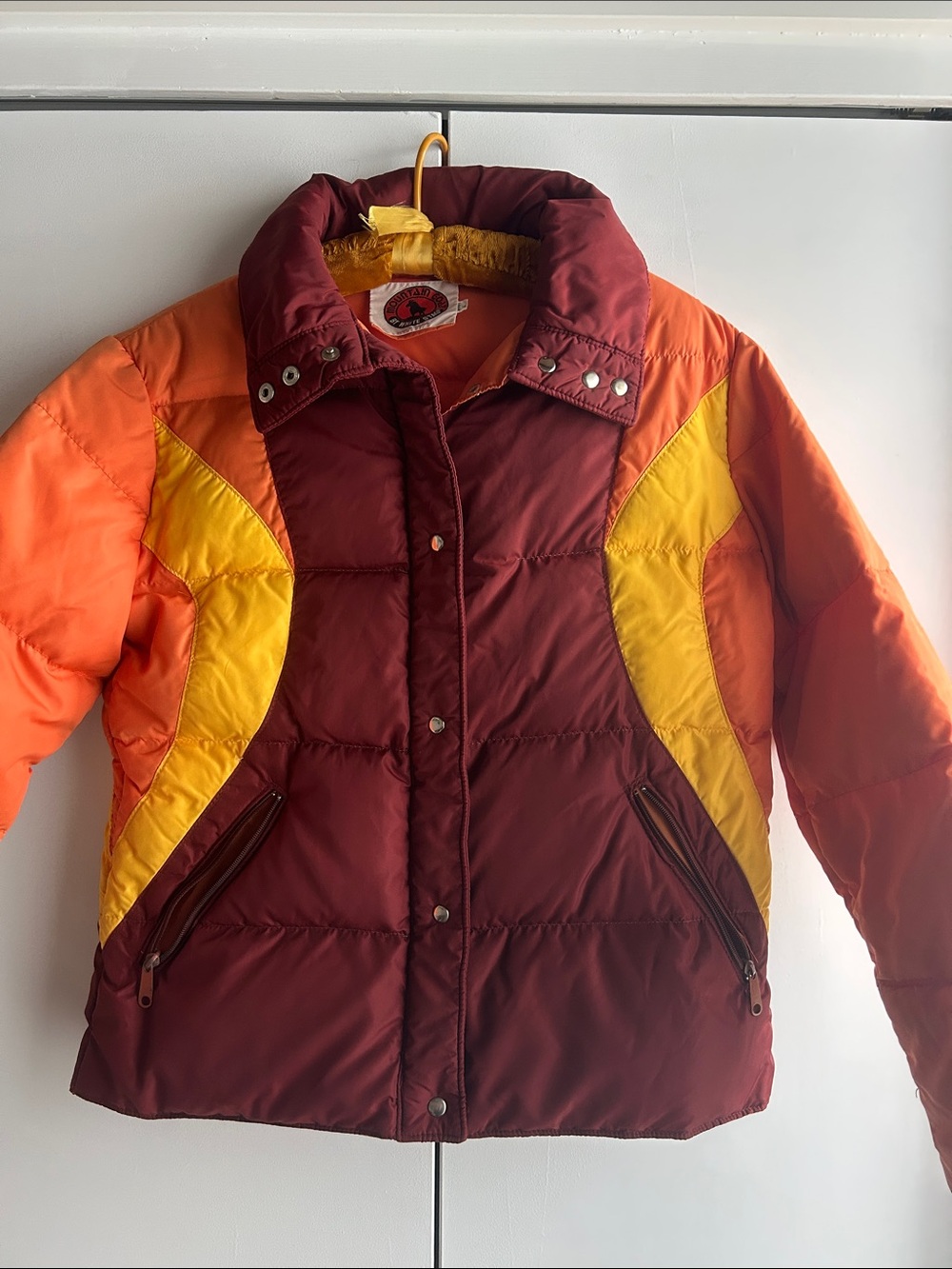 Vintage Colorblock Puffy Down Jacket in Burgundy, Orange & Yellow
